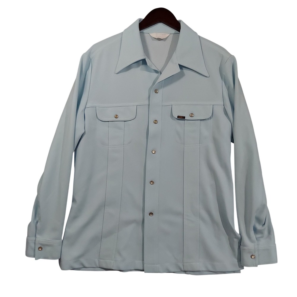Lee Leisure Shirt Mens 44 Large Light Blue Vintage 70s Pearl Snap Button Western